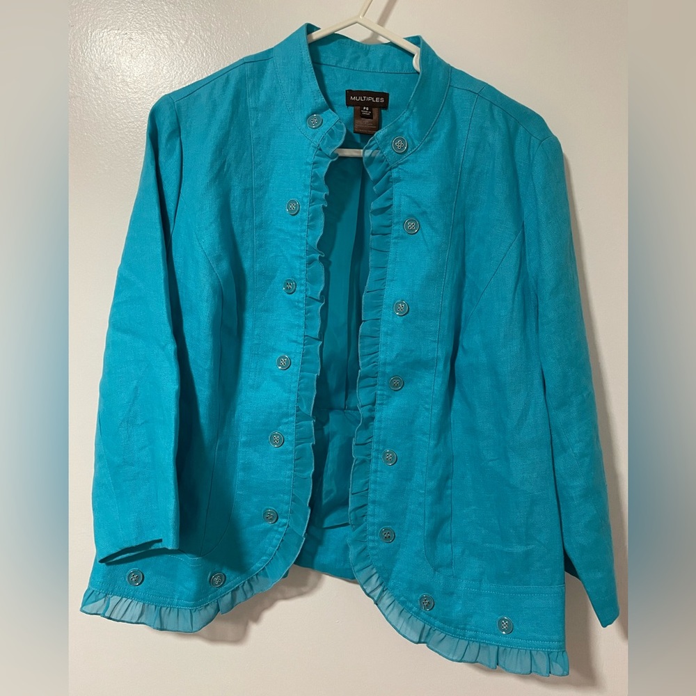 Multiples Teal Linen Blend Ruffle Detail Work Event Church Blazer Sz PS